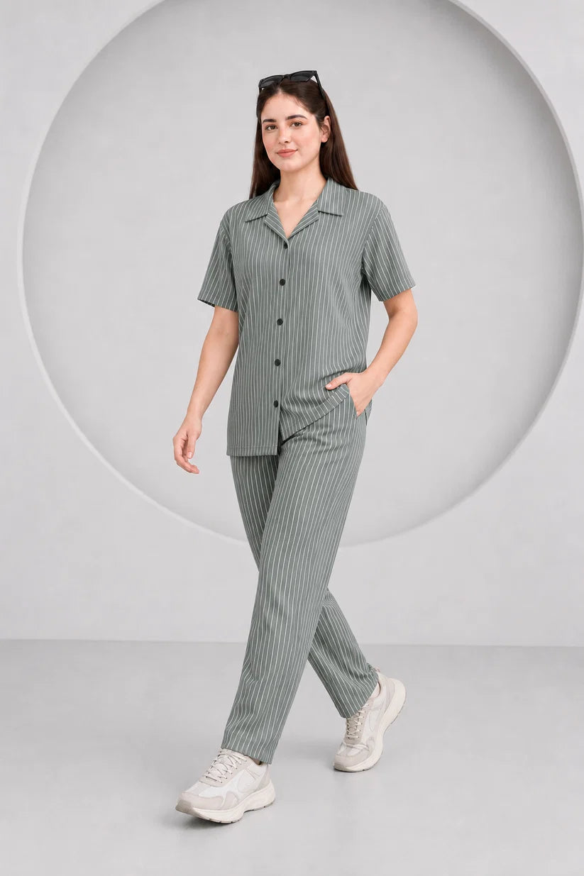 Baigino Gray Streak Button Down Co-ord Set F