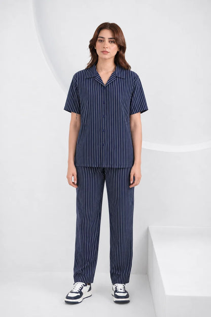 Baigino Navy Blue Streak Button Down Co-ord Set F