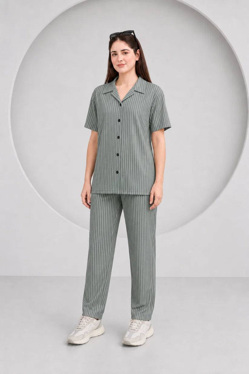 Baigino Gray Streak Button Down Co-ord Set F