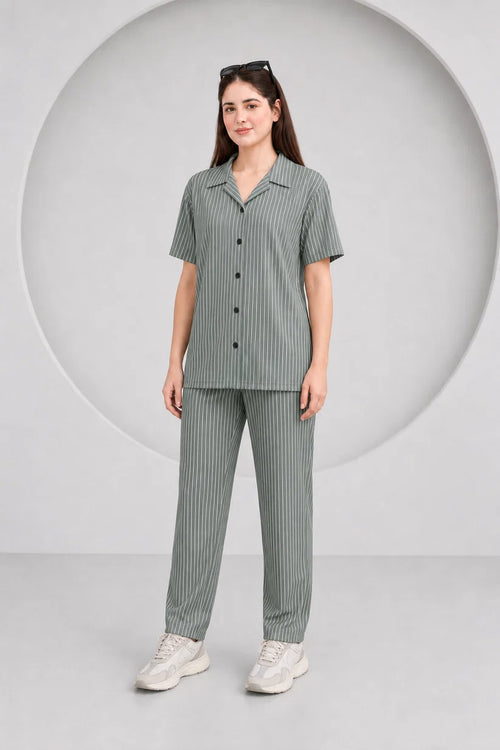 Baigino Gray Streak Button Down Co-ord Set F