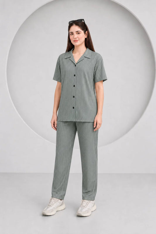 Baigino Gray Streak Button Down Co-ord Set F