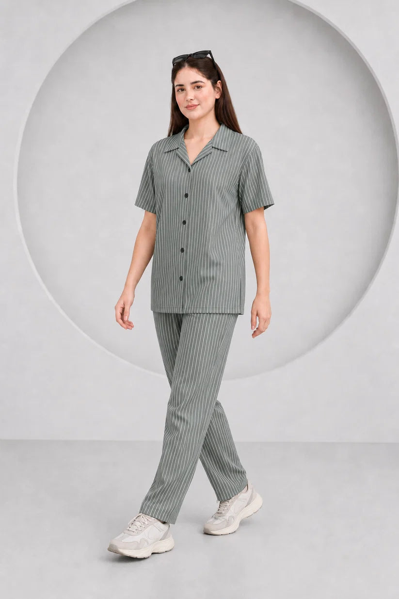Baigino Gray Streak Button Down Co-ord Set F