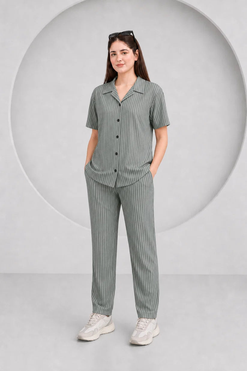 Baigino Gray Streak Button Down Co-ord Set F