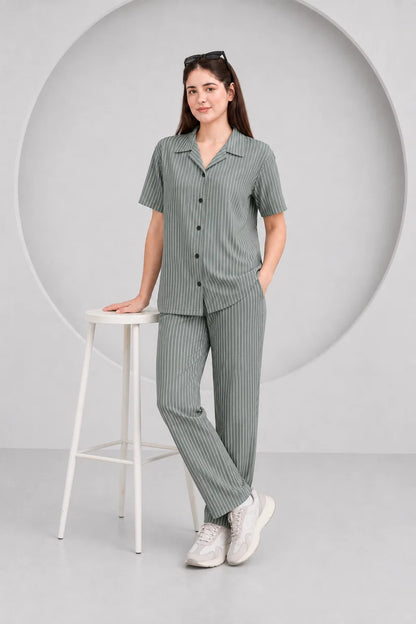 Baigino Gray Streak Button Down Co-ord Set F