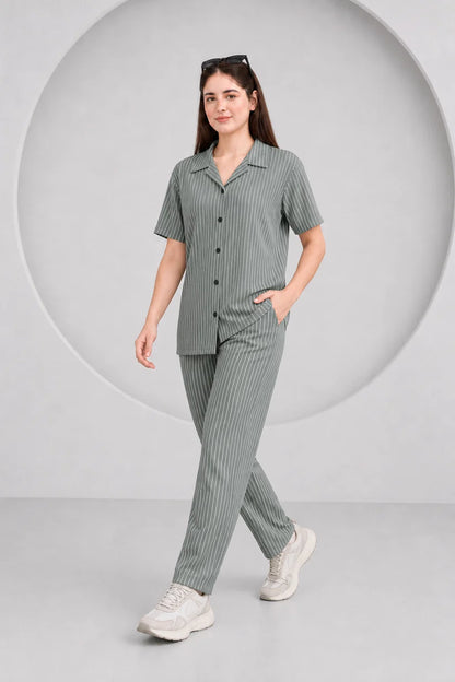 Baigino Gray Streak Button Down Co-ord Set F