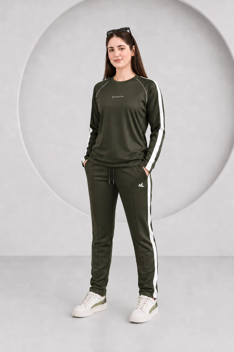 KF Olive and white Full sleeves Ultra Soft Dri-Fit Tracksuit - F