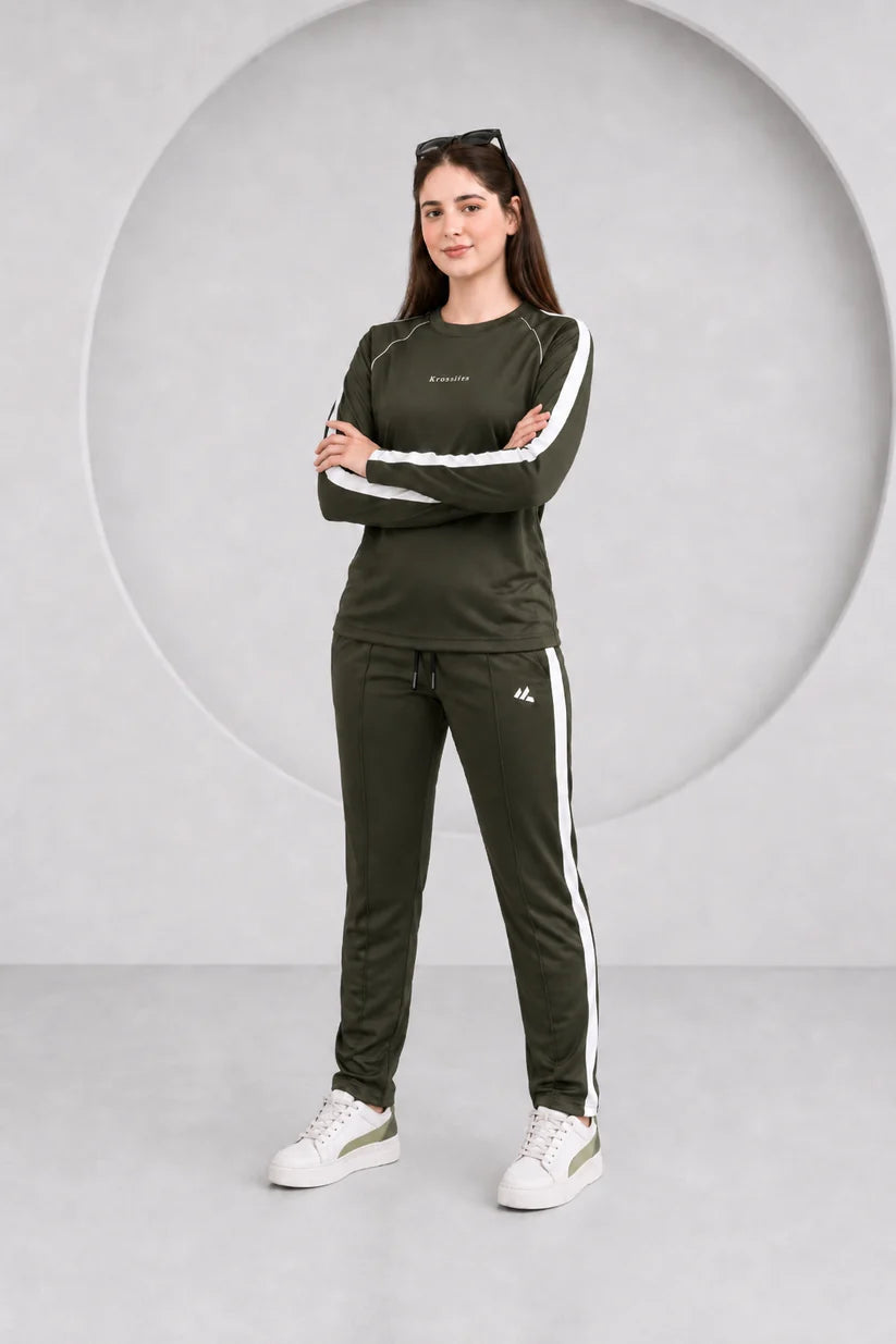 KF Olive and white Full sleeves Ultra Soft Dri-Fit Tracksuit - F