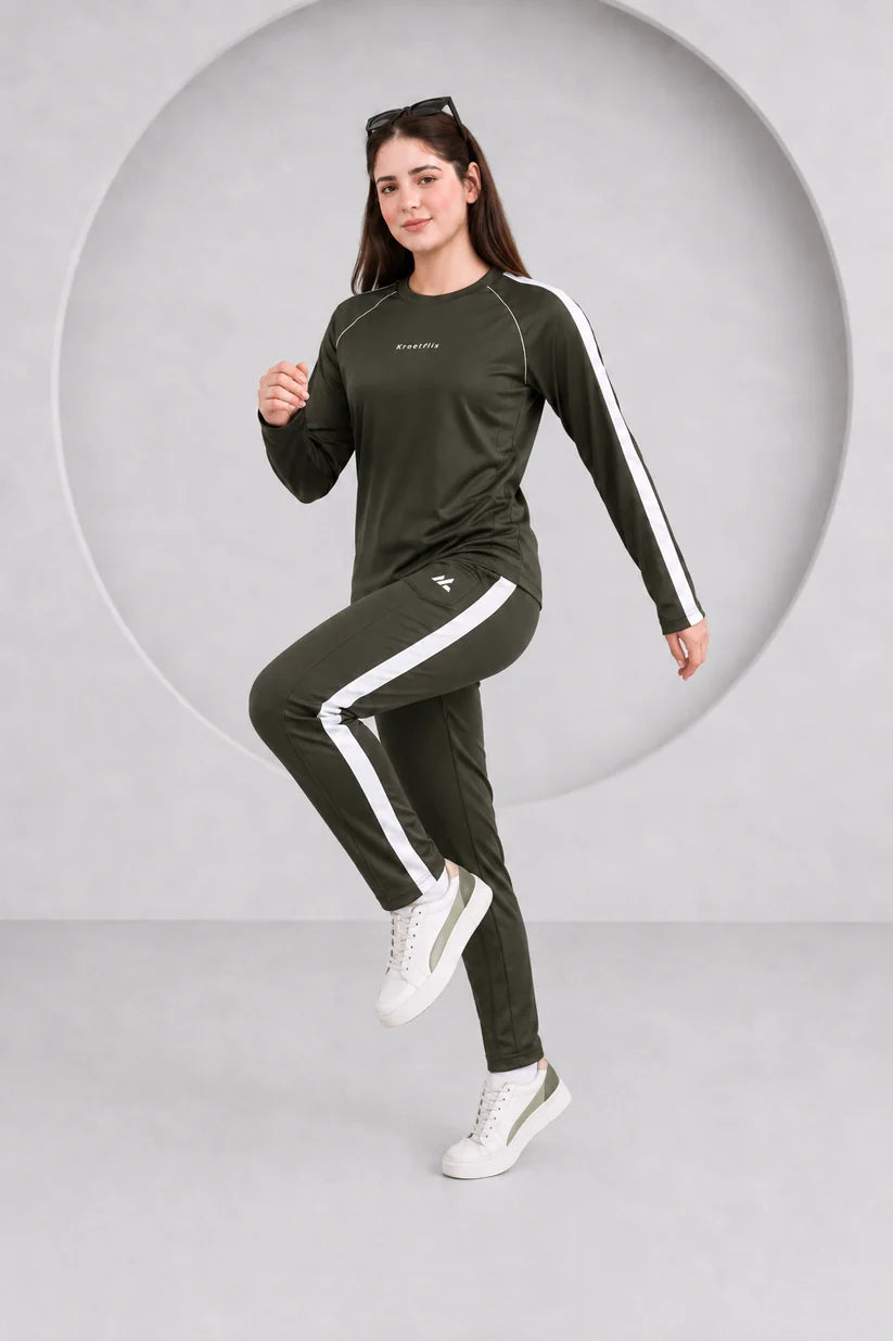 KF Olive and white Full sleeves Ultra Soft Dri-Fit Tracksuit - F
