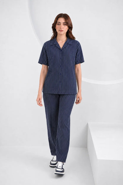 Baigino Navy Blue Streak Button Down Co-ord Set F
