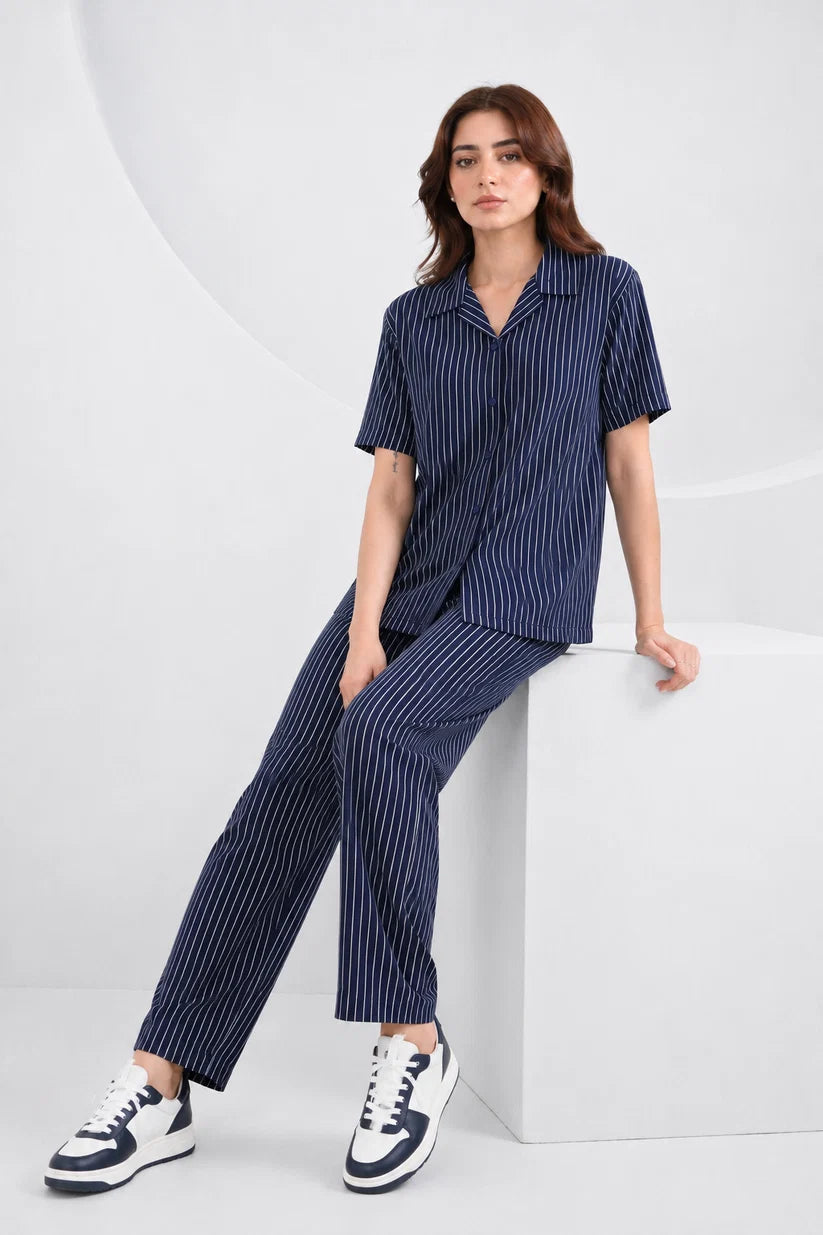 Baigino Navy Blue Streak Button Down Co-ord Set F