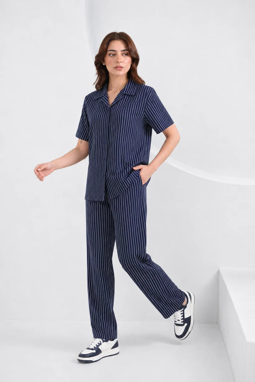 Baigino Navy Blue Streak Button Down Co-ord Set F