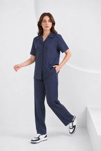 Baigino Navy Blue Streak Button Down Co-ord Set F
