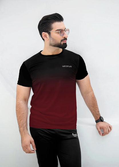 Top: A short-sleeved, crewneck t-shirt featuring a gradient (ombré) design that