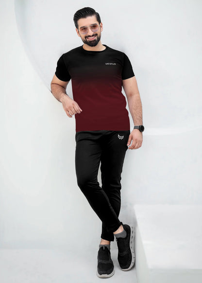 Top: A short-sleeved, crewneck t-shirt featuring a gradient (ombré) design that