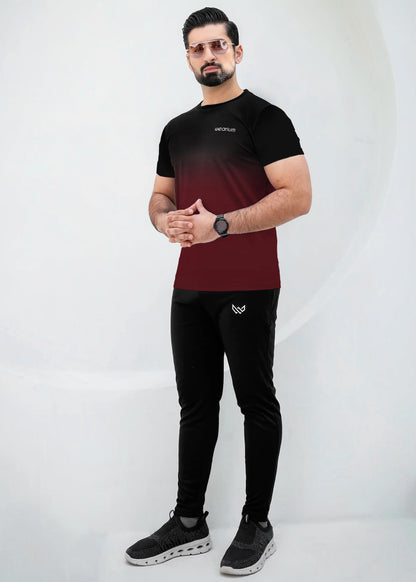 Top: A short-sleeved, crewneck t-shirt featuring a gradient (ombré) design that